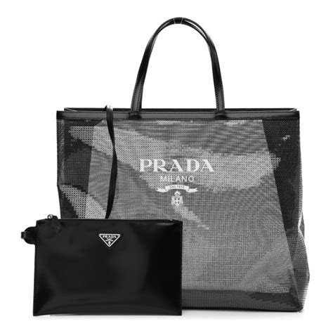 Black Mesh Tote Bag With Sequins 